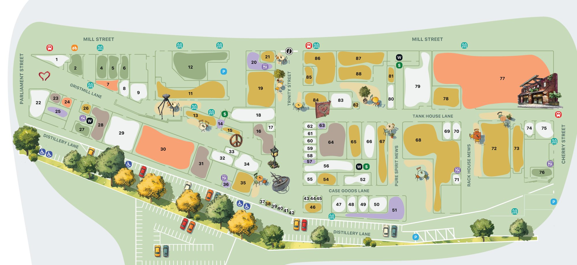 Map of the Distillery District showing Cluny's entrance on the south side of building 72, three underground parking entrances, and two surface parking lots along Distillery Lane.